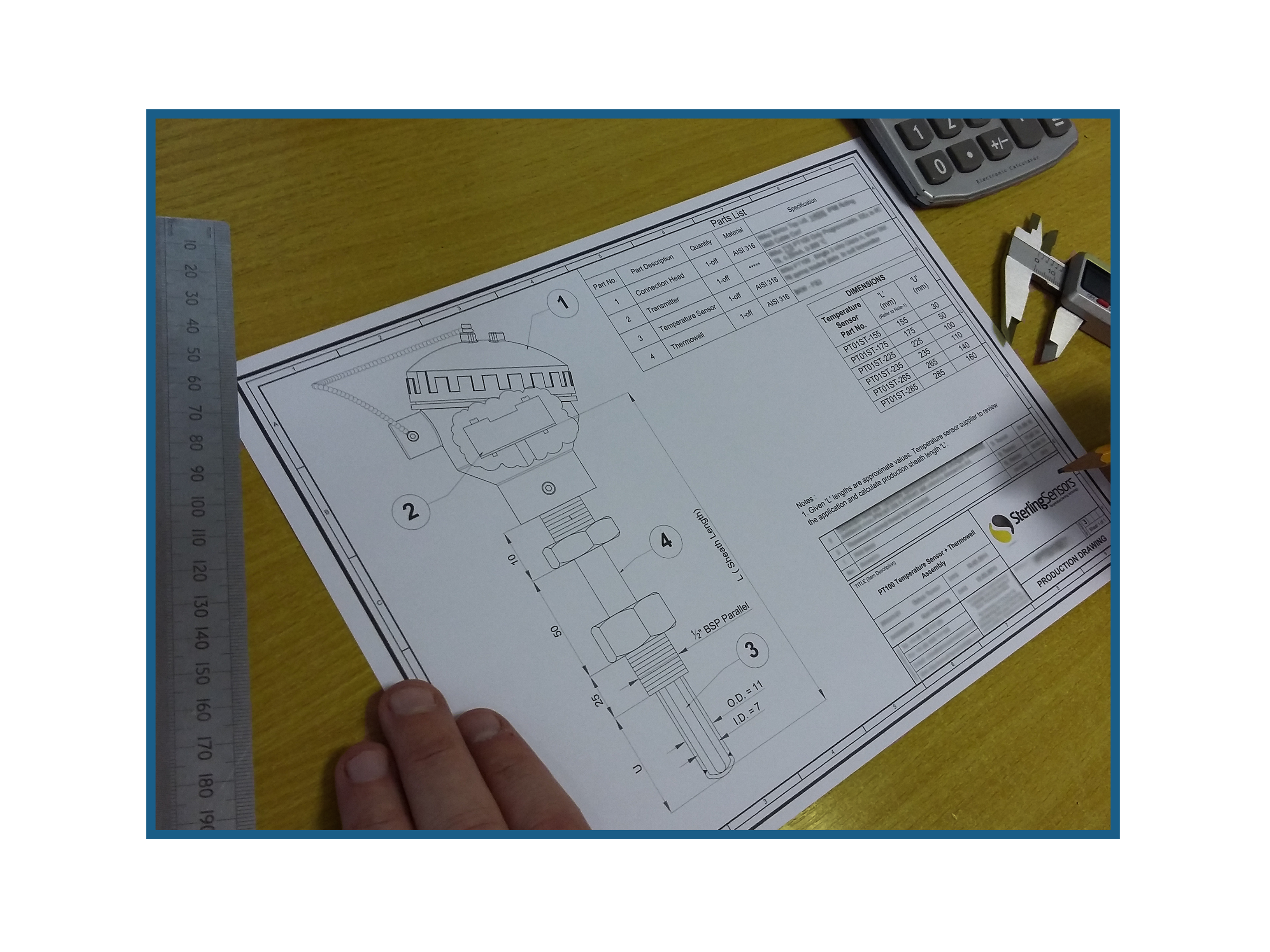 variety of technical drawings for thermocouple and RTD sensors