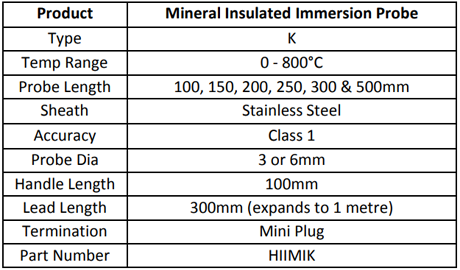 Specification for Mineral Insulated Immersion Probe