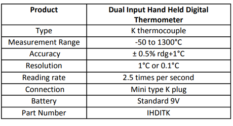 Specification for Dual Input Hand Held Digital Thermometer