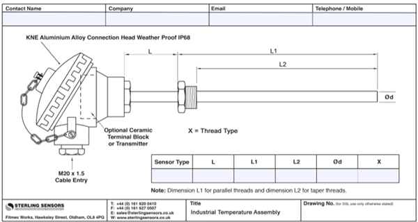 Editable technical drawing for industrial thermocouple sensors