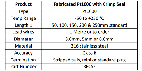 Fabricated RTD Pt1000 with Crimp Seal